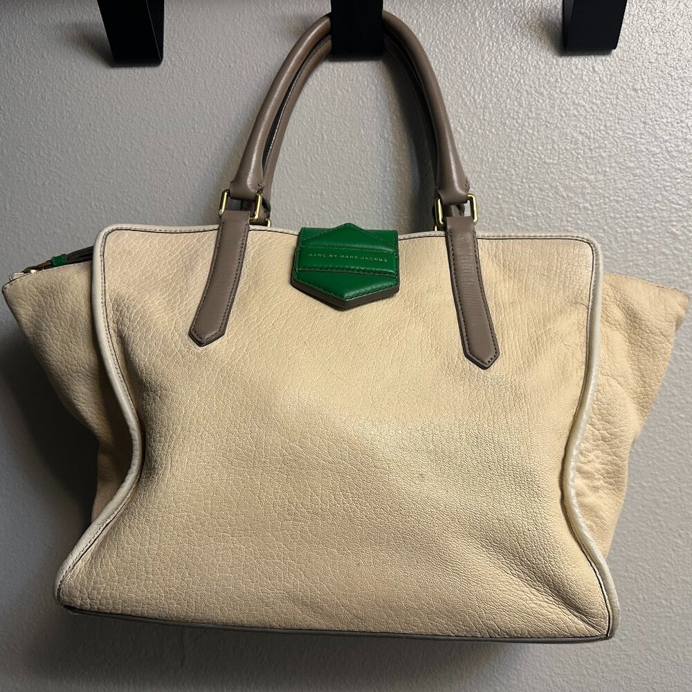 Cream and Green Leather Tote Bag